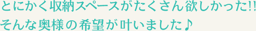 とにかく収納スペースがたくさん欲しかった!!そんな奥様の希望が叶いました♪